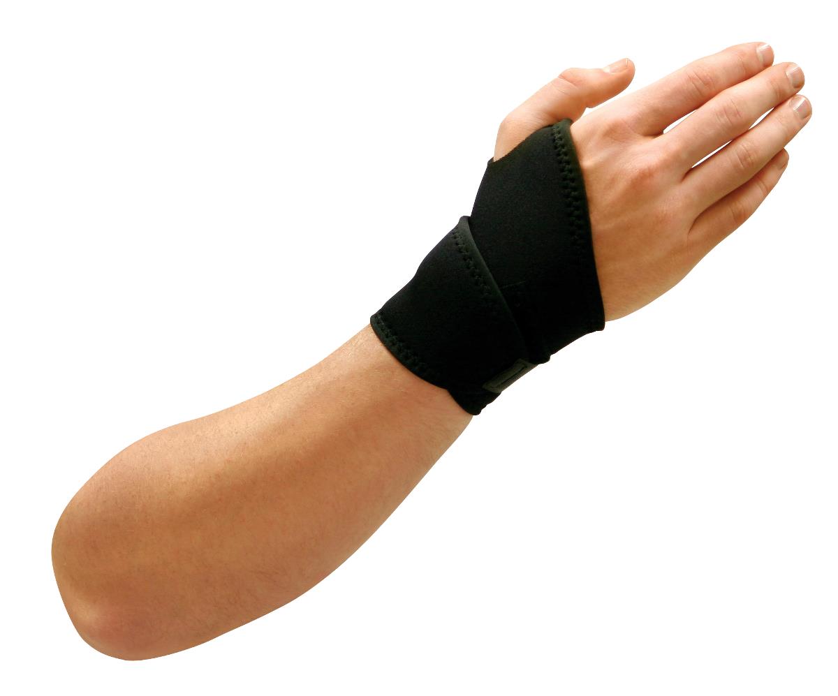 Wrist support wrap in black neoprene worn on a right hand and wrist, wrapping around the palm and wrist joint