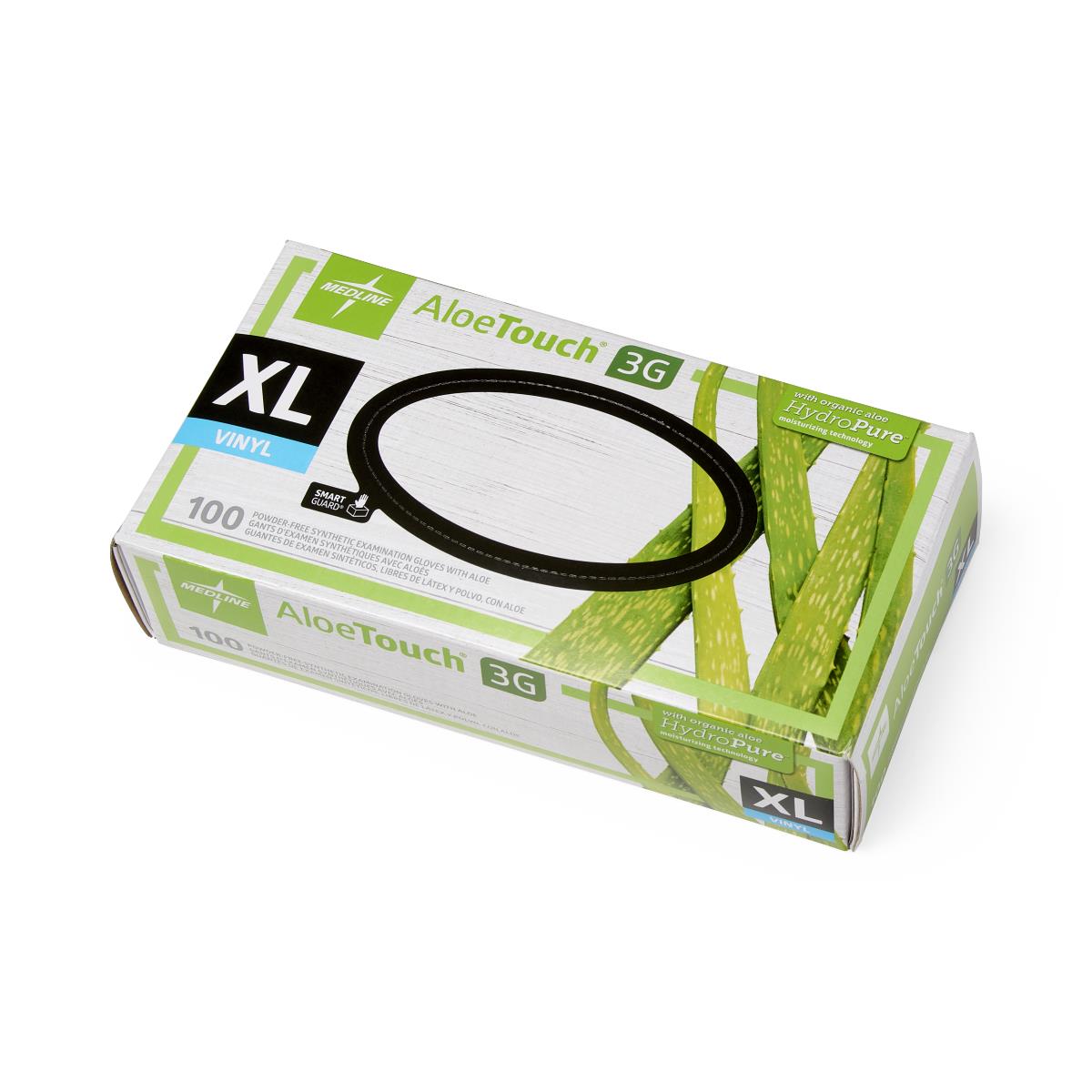 Disposable vinyl exam gloves box, size XL, 100 count, white and green packaging with aloe vera imagery