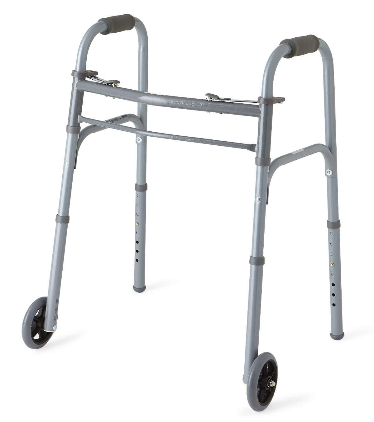 Youth folding walker with two front wheels, gray aluminum frame, push-button fold mechanism, dark foam handles, and rubber
