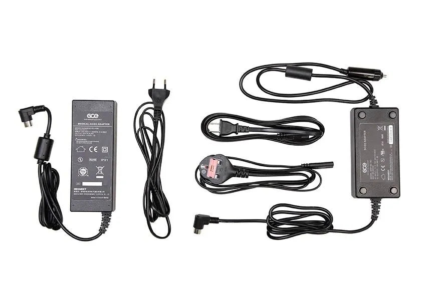 Power adapter kit for portable oxygen concentrator with AC adapter, DC car adapter, and multiple international power cords