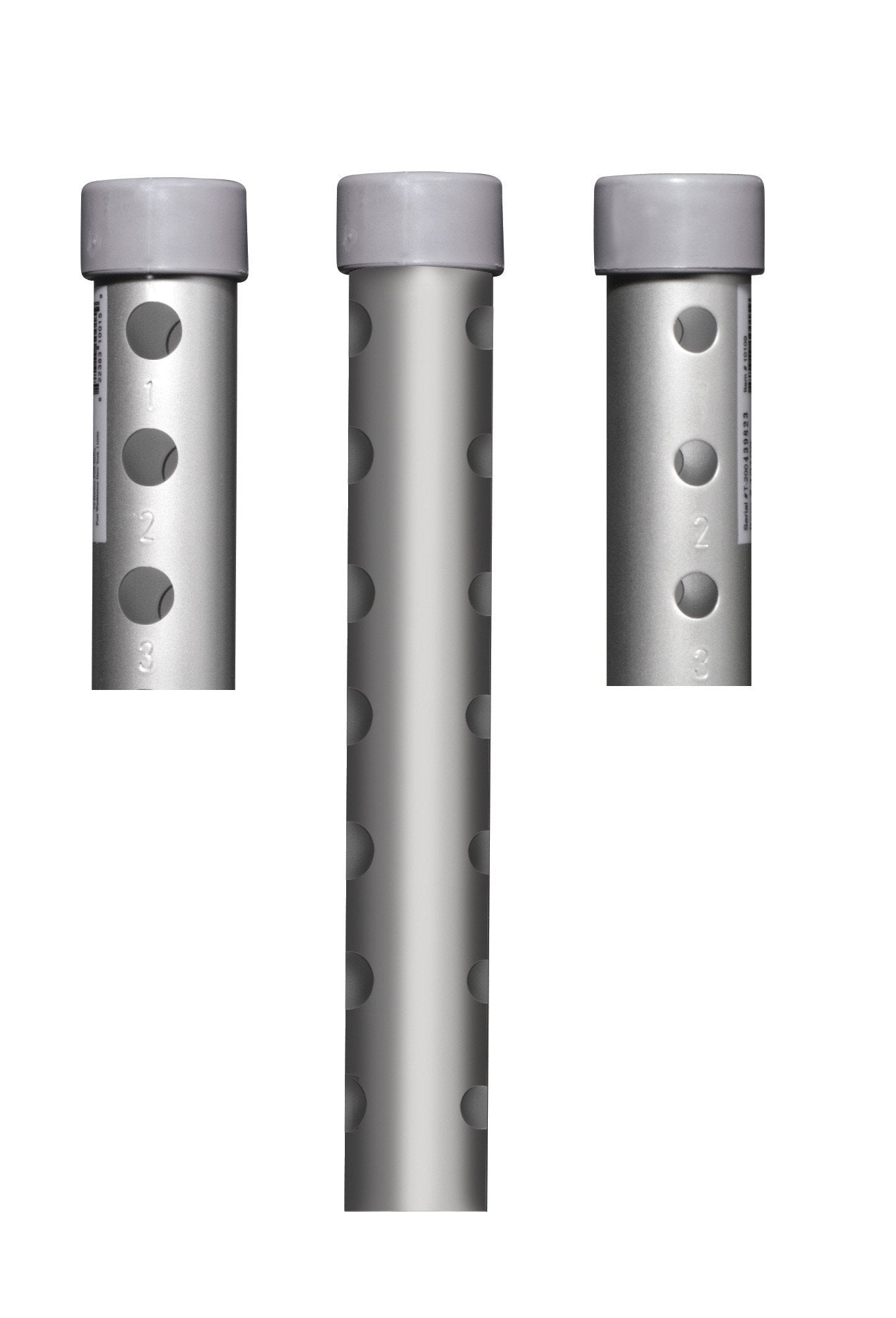 Walker leg extensions, three silver aluminum tubes with round holes and gray end caps, shown in varying lengths