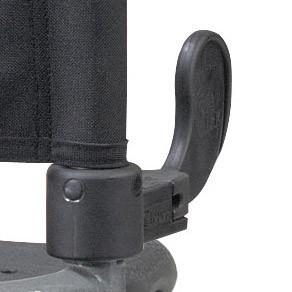 Rollator walker push-down brake handle and black nylon upholstery attachment point closeup
