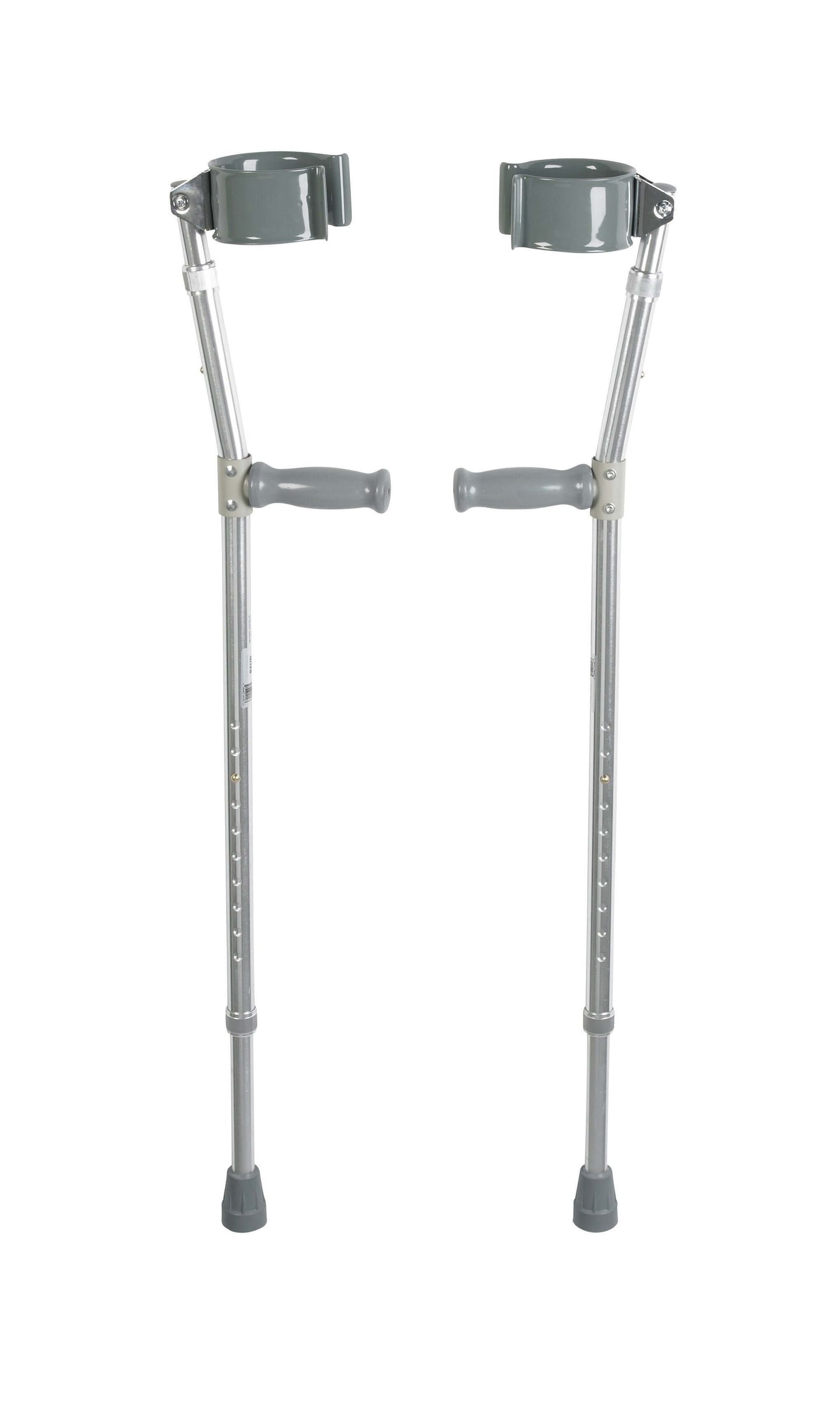 Lightweight forearm crutches pair with gray arm cuffs, hand grips, adjustable aluminum shafts, and rubber tips on white