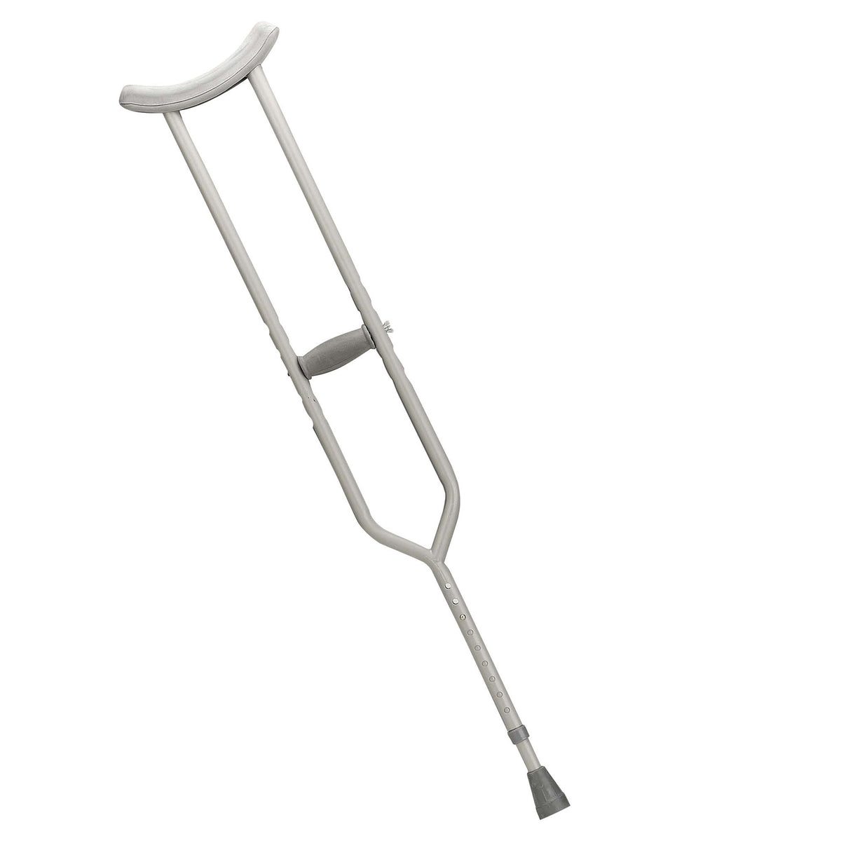 Bariatric underarm crutch with gray aluminum frame, padded axilla rest, hand grip, push-button height adjustment, and rubber