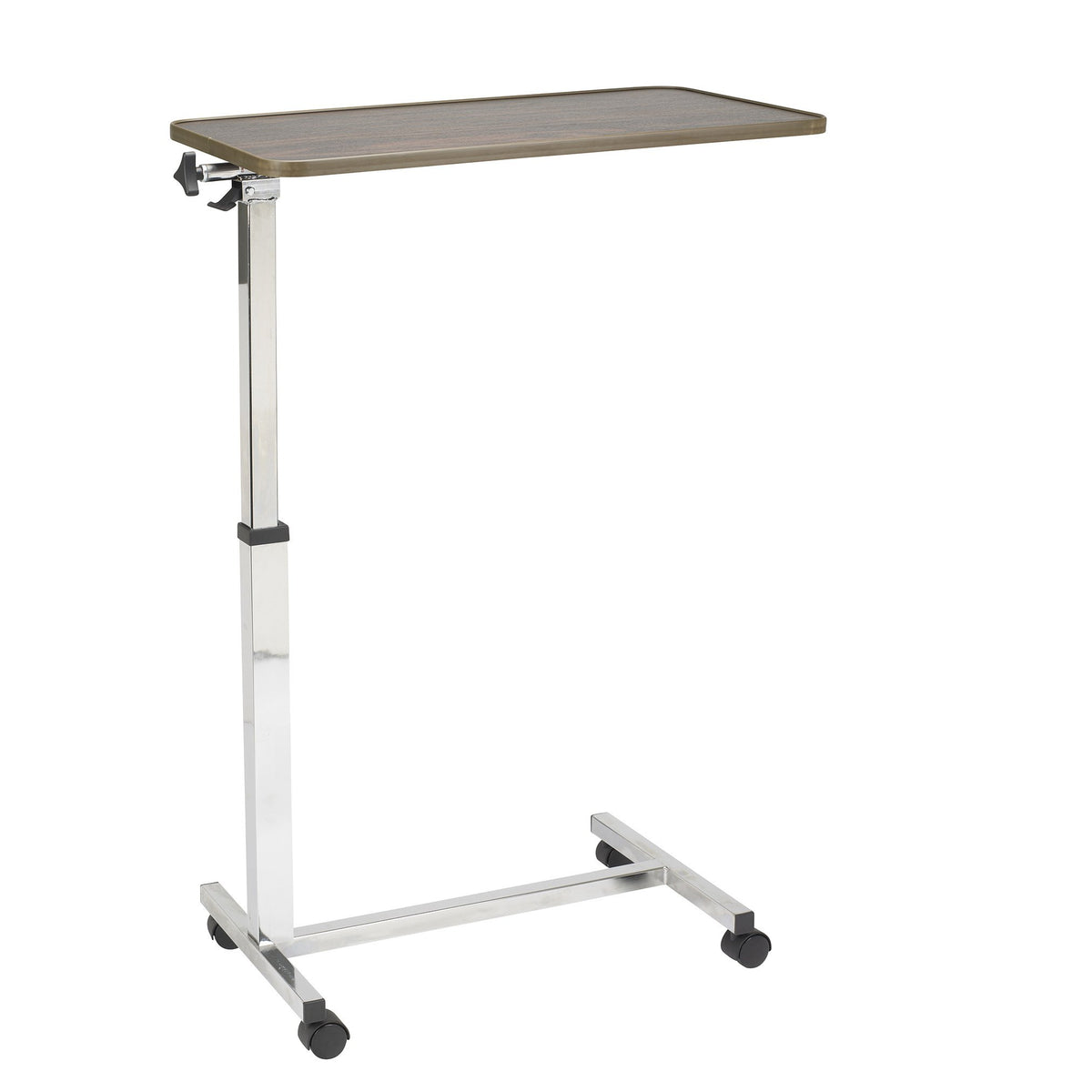 Tilt top overbed table with wood-grain surface, chrome adjustable post, H-base, and four rolling casters