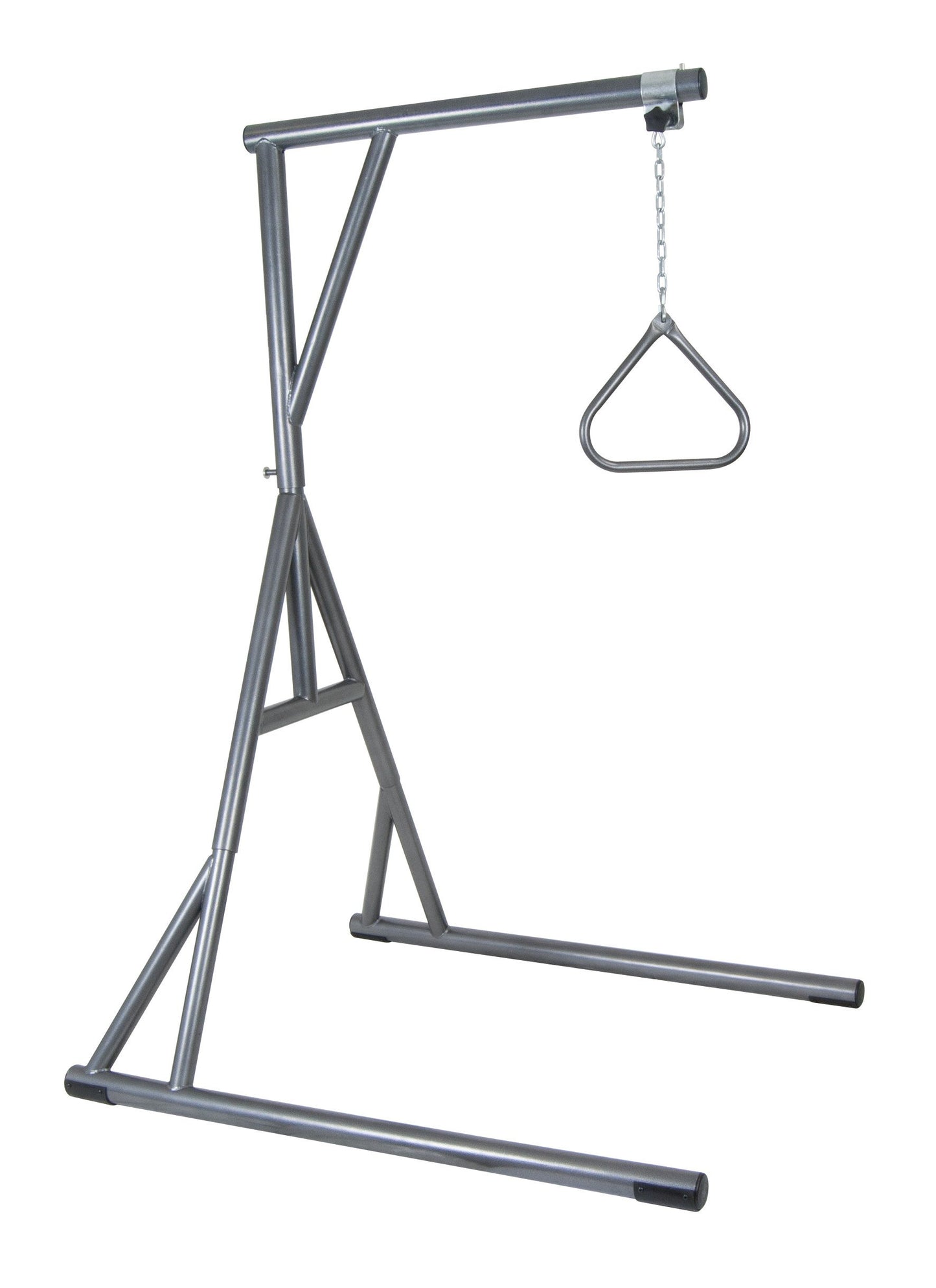 Bariatric heavy duty trapeze bar with freestanding A-frame base and chain-suspended triangular grab handle in silver finish