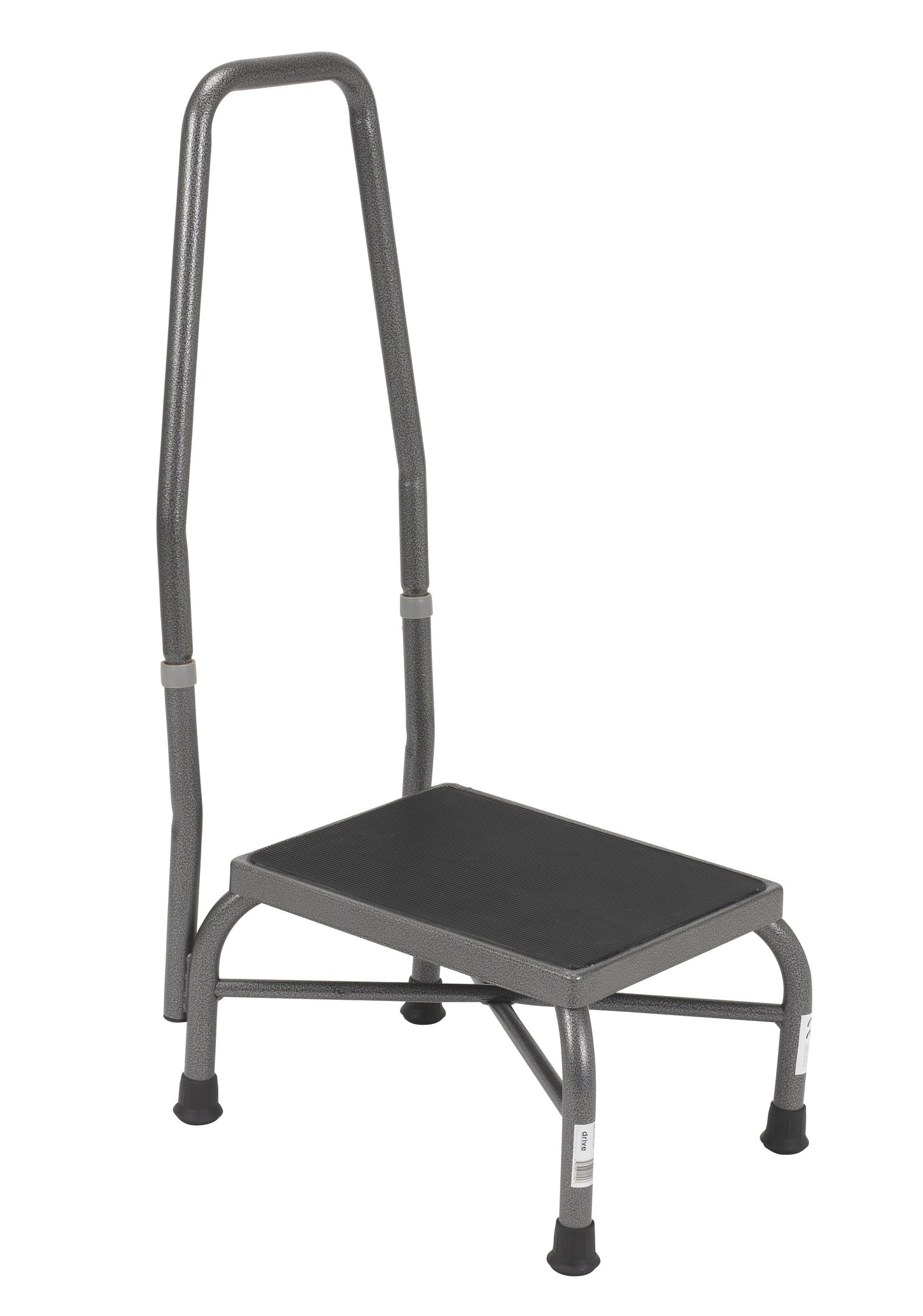 Step stool with tall curved handrail, black non-skid platform, gray steel frame, and rubber non-slip feet on white background