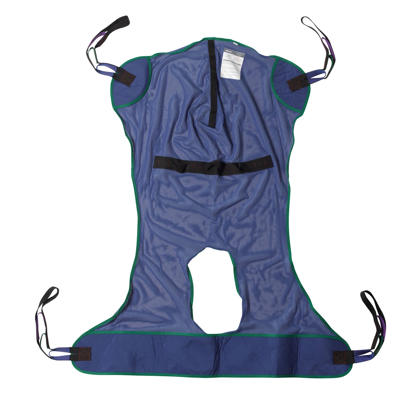 Full body patient lift sling in blue mesh with green trim, commode cutout, waist strap, and four corner loop attachments