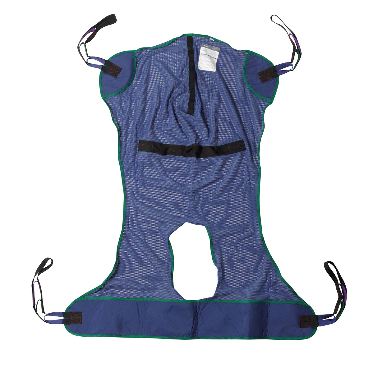 Full body patient lift sling in blue mesh with green trim, commode opening, waist strap, and six lift loops, laid flat on
