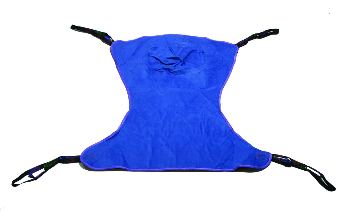 Full body patient lift sling in blue fabric with six attachment loops, laid flat on white background