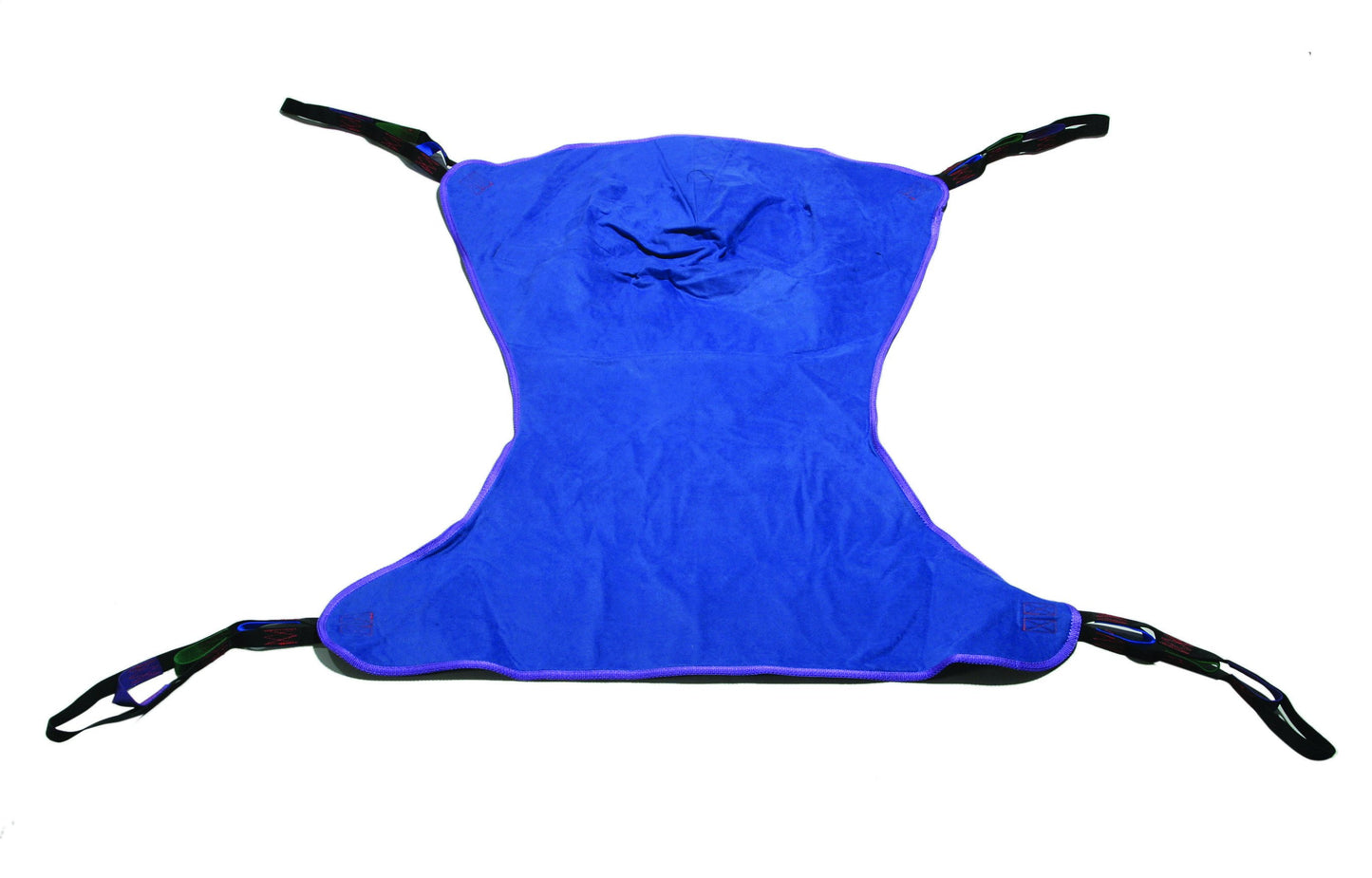Full body patient lift sling in blue fabric with six attachment loops, laid flat on white background