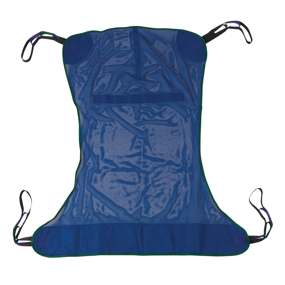 Full body patient lift sling in blue mesh fabric with green trim and four attachment loops, laid flat on white background