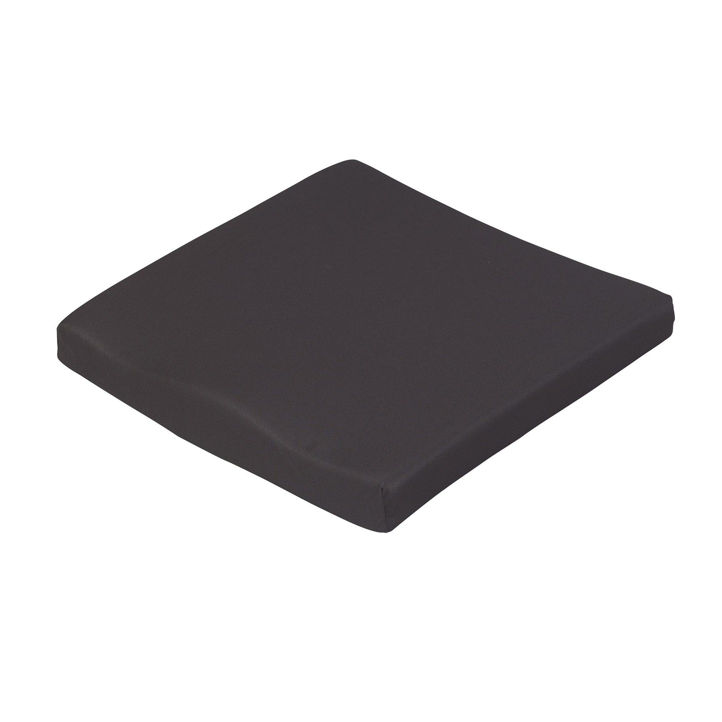 Molded general use wheelchair seat cushion with dark gray vinyl cover, shown at an angle on white background