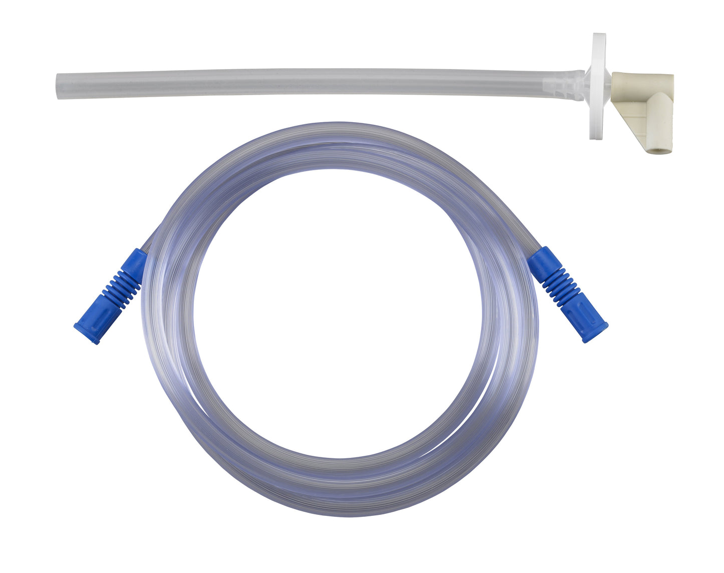 Suction machine tubing replacement kit with clear tubing, blue connectors, and a white filter assembly on white background