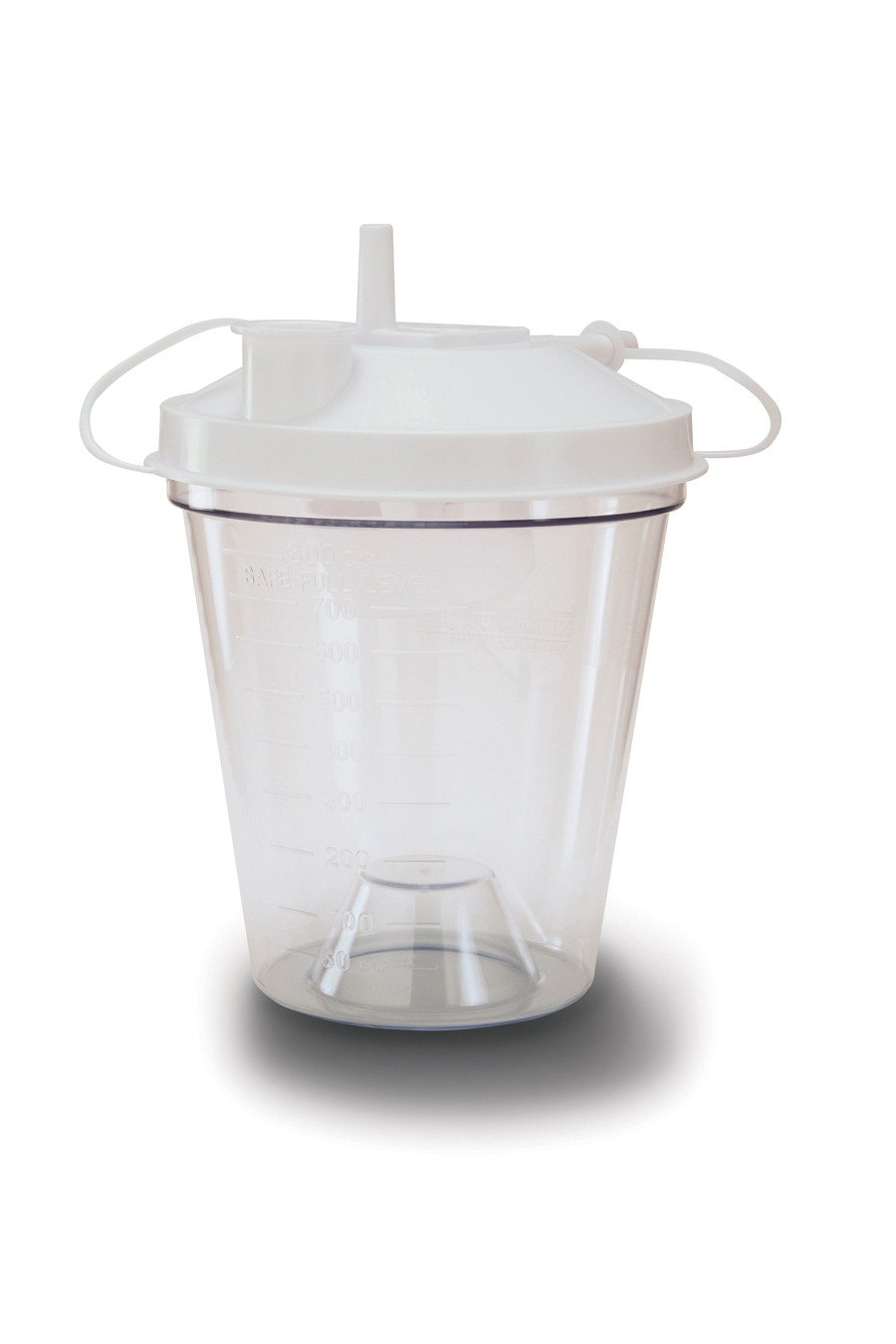 Disposable suction canister with clear graduated container, white lid, inlet and outlet ports, and locking handles
