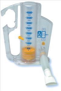 Incentive spirometer with clear chamber marked 500–4000ml, yellow flow indicator, and white mouthpiece