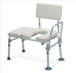 Padded transfer bench with commode opening, featuring cushioned seat and backrest, adjustable legs, and suction cup feet