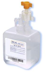 Pre-filled bubble humidifier bottle with orange cap and flow valve, labeled 340 mL
