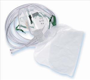 Non-rebreather oxygen mask for adults with attached reservoir bag and clear tubing on white background