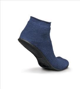 Non-skid slipper sock in navy blue terrycloth with black rubber grip sole, shown from a side-rear angle