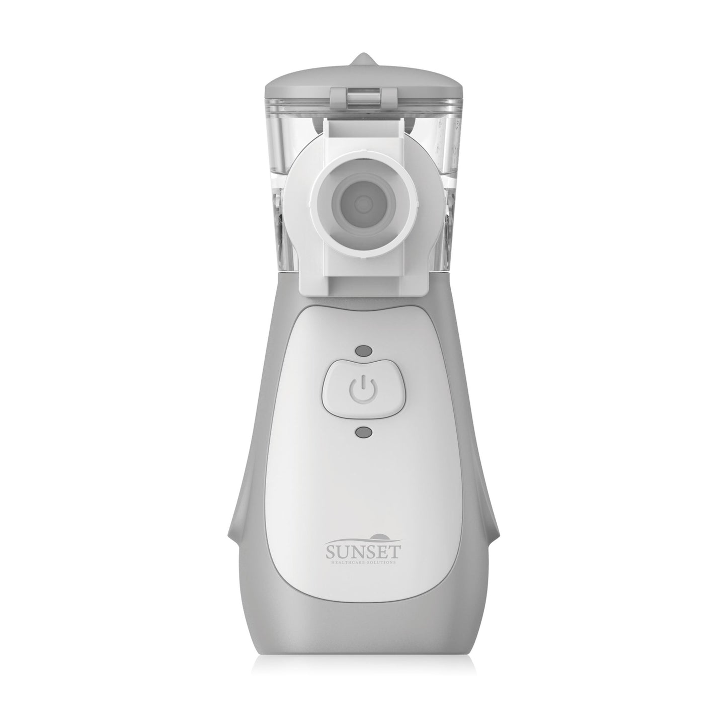 Portable mesh nebulizer in white and gray with clear medication cup, flip-top lid, and single power button on front
