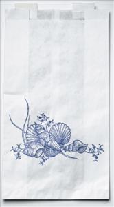 Plastic bedside bag in white with blue seashell and coral illustration printed on front