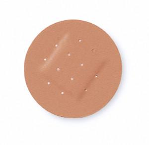 Plastic adhesive bandage, round spot style in tan with perforated center pad, shown on white background