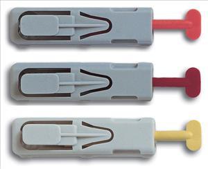 Safety lancets in gray plastic housings with red and yellow plungers, shown in a set of three