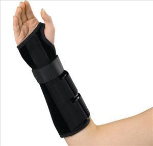 Wrist and forearm splint in black with hook-and-loop straps worn on right hand and forearm