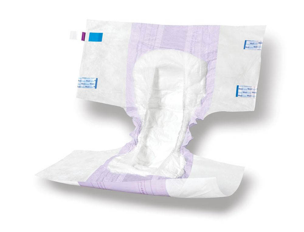 MoliCare Slip Maxi adult brief unfolded showing white and lavender interior with adhesive tabs on white background