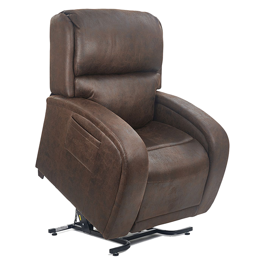 Lift chair recliner in brown microsuede upholstery with padded arms, side pocket, and black metal base shown in upright