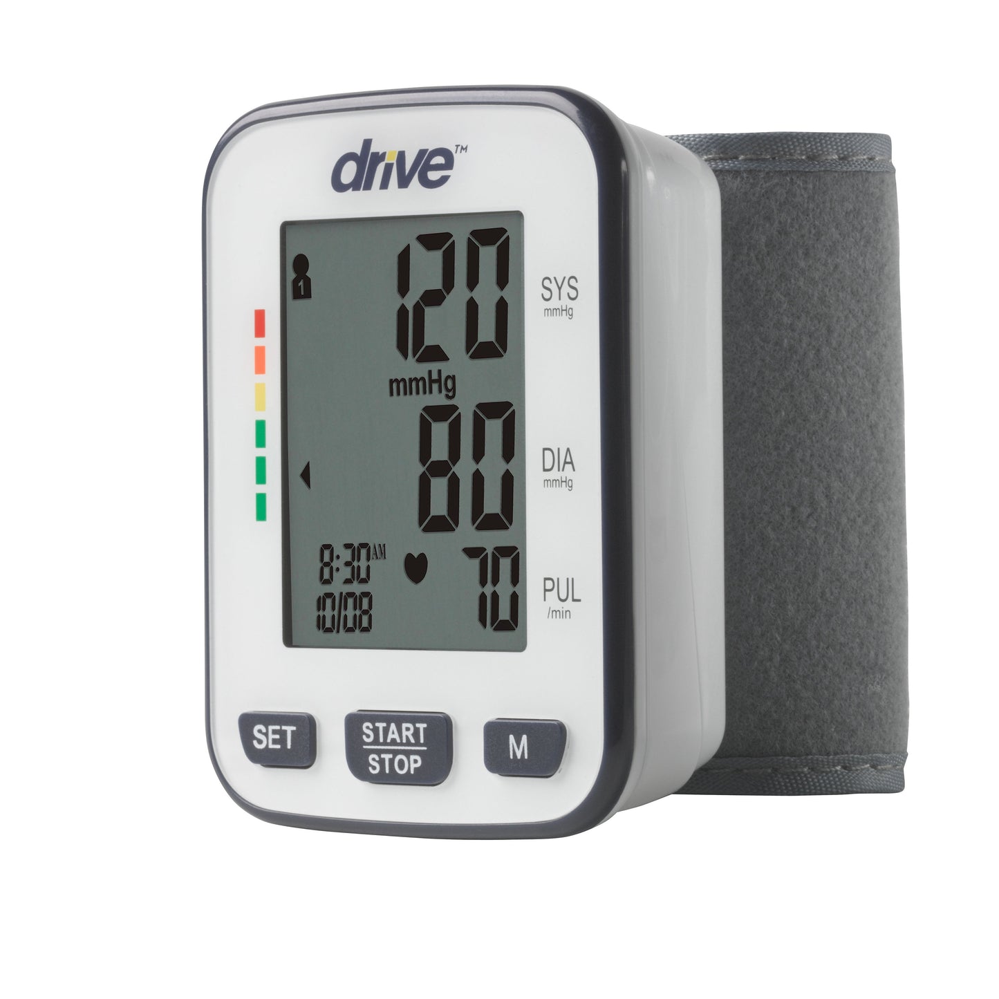 Automatic wrist blood pressure monitor by Drive with digital LCD display showing SYS, DIA, and pulse readings, with gray