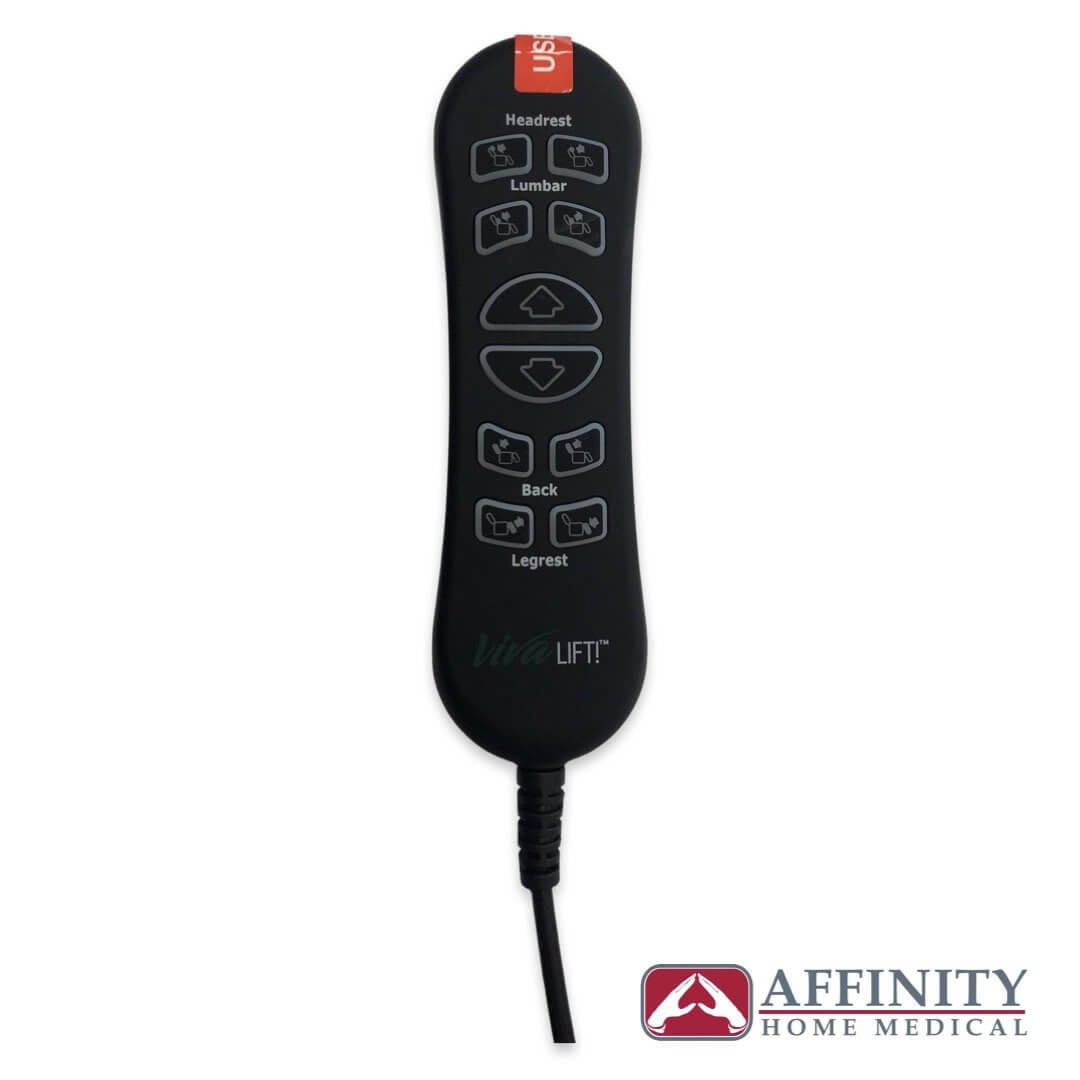 Lift chair hand remote control in black with labeled buttons for headrest, lumbar, back, and legrest adjustments, with