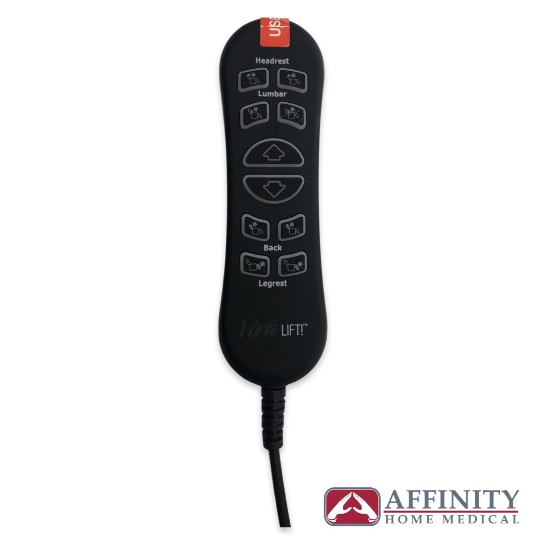 Power lift chair hand remote control with headrest, lumbar, back, and legrest adjustment buttons and attached cord