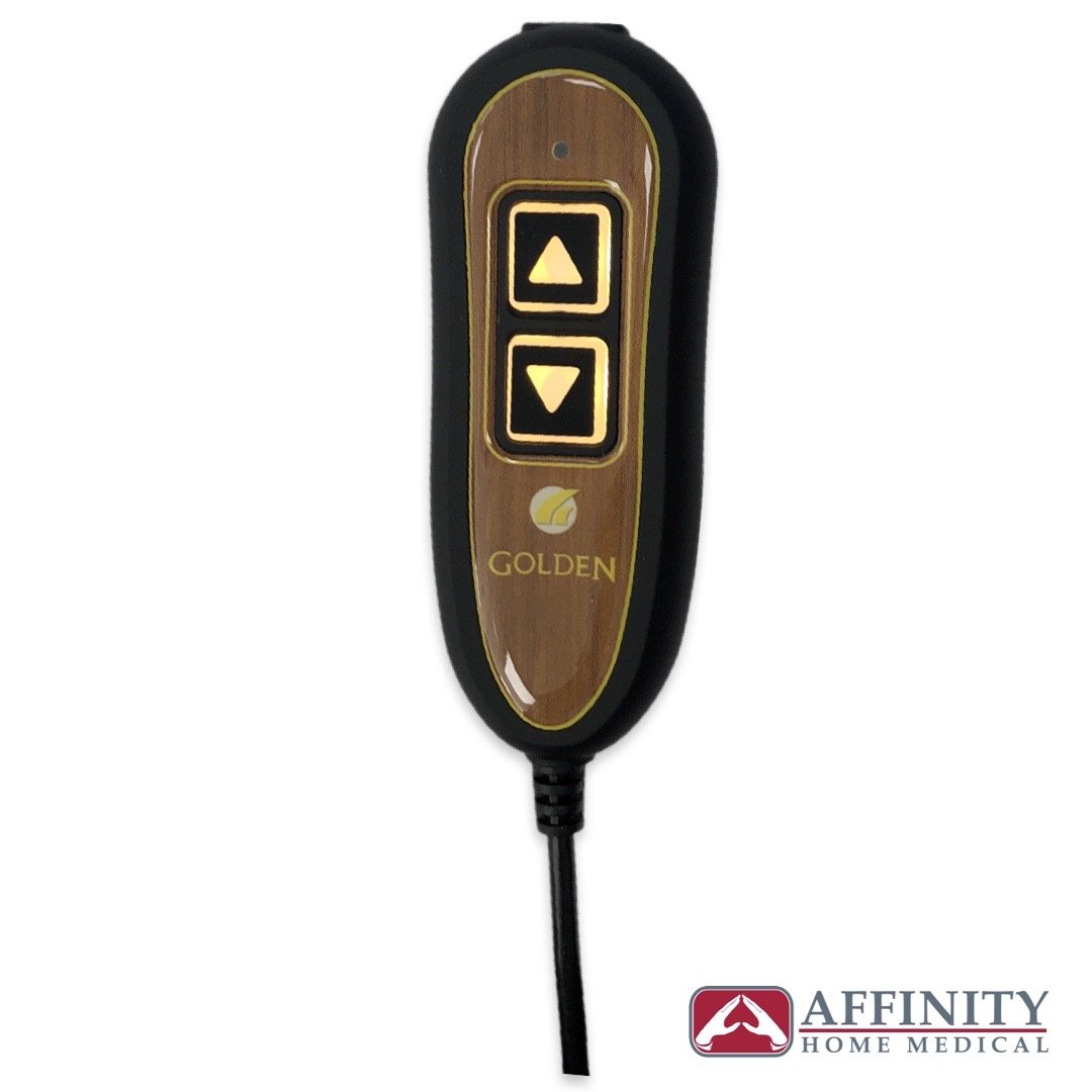 Lift chair hand control with up and down arrow buttons, wood-grain and black finish with attached cord, Golden brand logo