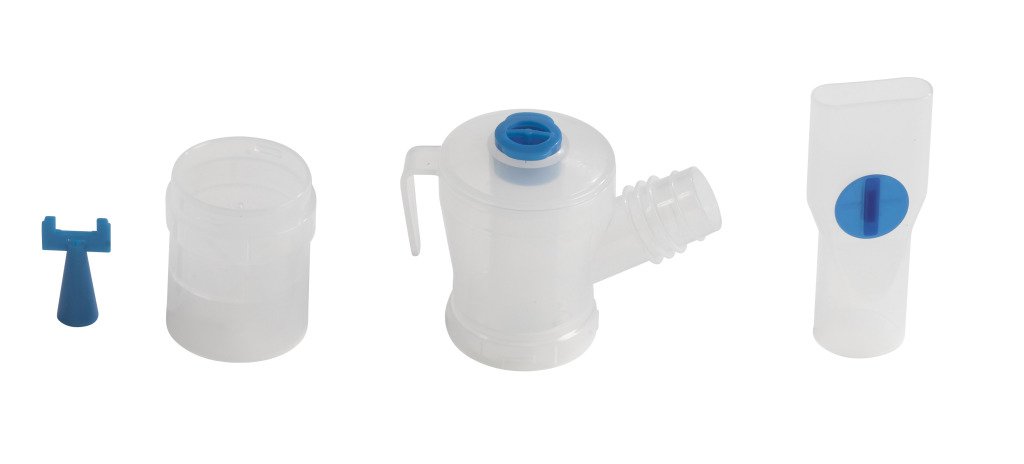 Reusable nebulizer kit with mouthpiece, medicine cup, assembled nebulizer chamber, and flow indicator shown disassembled on
