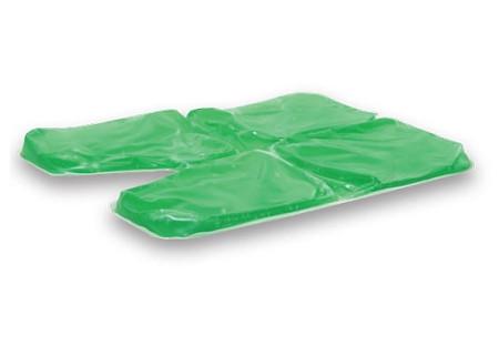 Wheelchair gel cushion with green four-section 3D quadra gel pack insert on white base