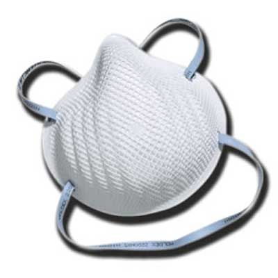 N95 particulate respirator with white molded cup shape and blue elastic head straps, shown on white background