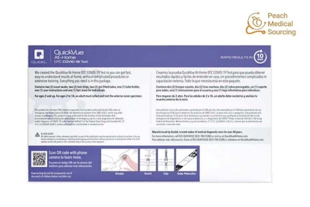 QuickVue At-Home OTC COVID-19 rapid test box back panel showing bilingual instructions and step-by-step usage diagrams
