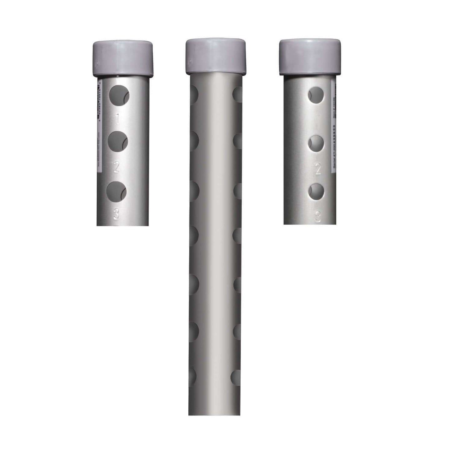 Walker wheel axle posts in three sizes, silver aluminum with numbered adjustment holes and gray end caps, shown on white
