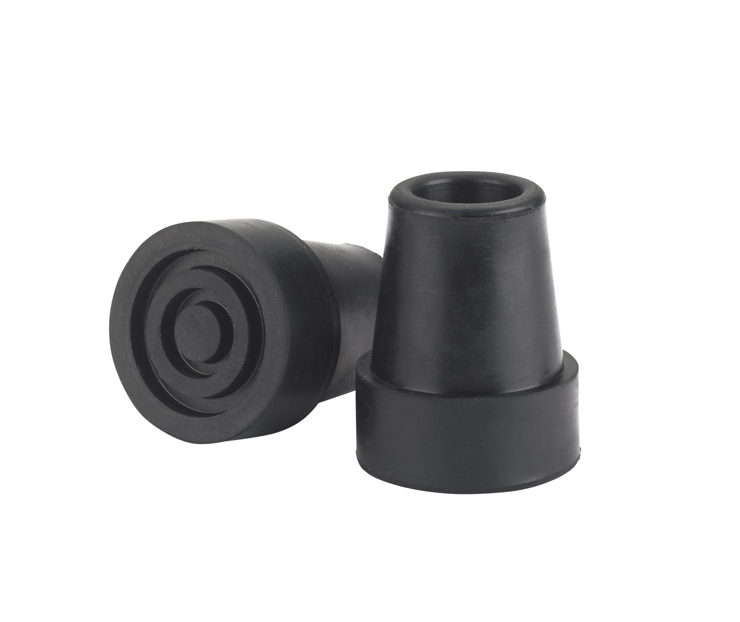 Pair of black rubber cane tips with tapered body and ribbed base, one standing upright and one on its side showing the