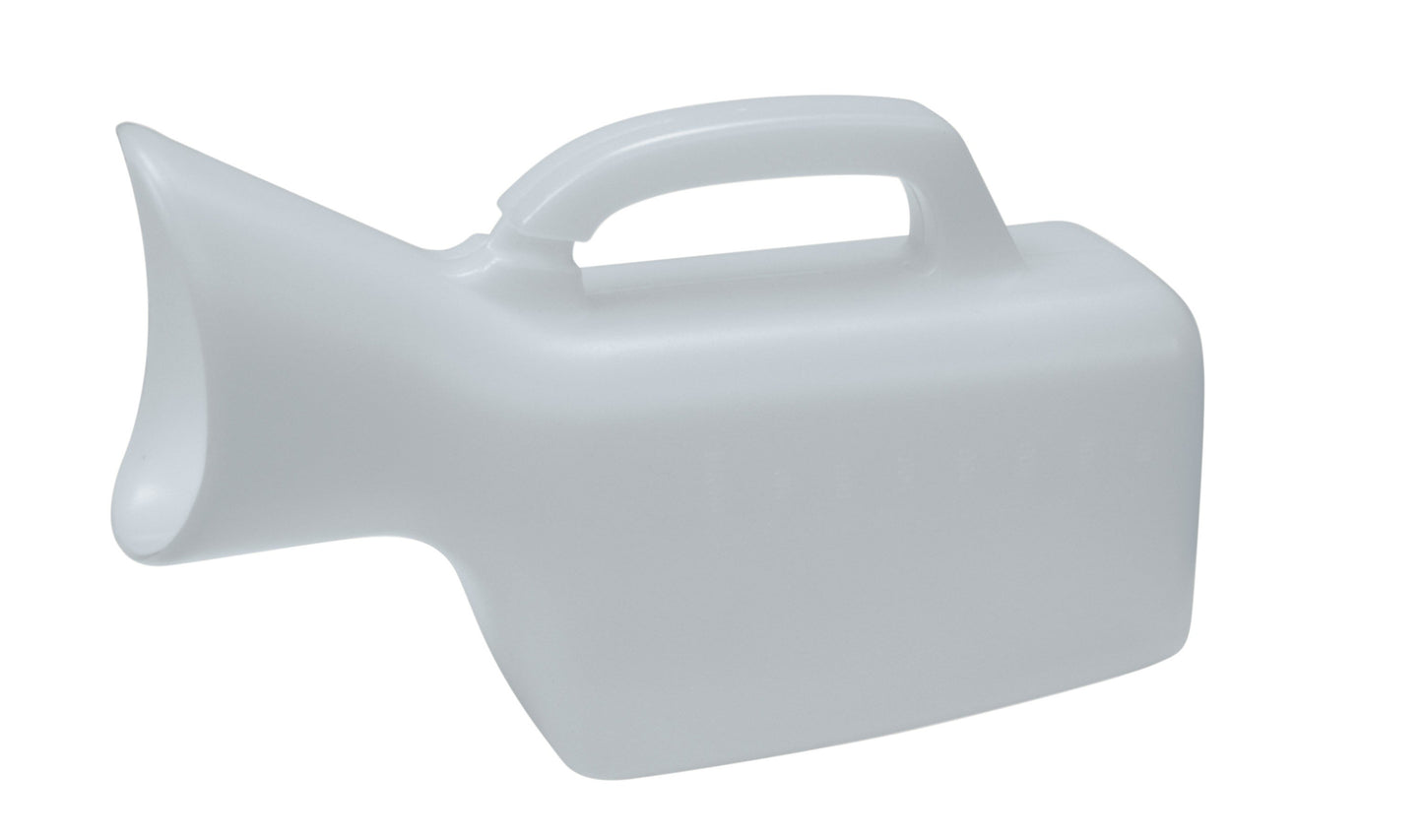 Female urinal with flared funnel opening, carry handle, and rectangular plastic body in white
