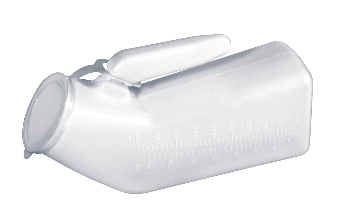 Male urinal, translucent plastic with handle, measurement markings, and snap-on lid, shown on white background