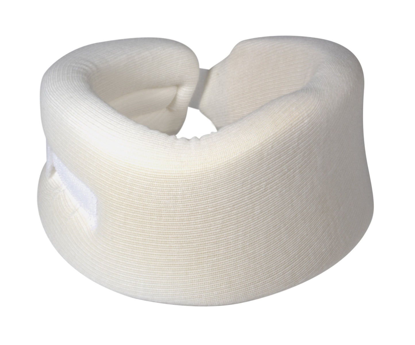 Soft cervical collar in white foam with fabric cover and Velcro closure, shown on white background