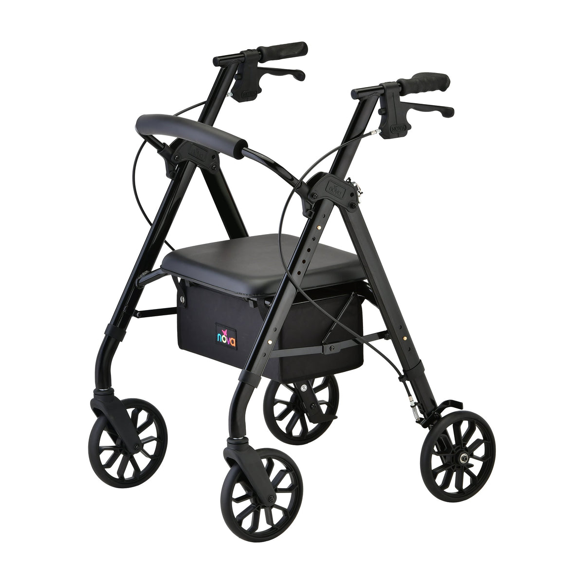 Rollator walker in black with padded seat, loop-lock hand brakes, under-seat bag, and large spoke wheels