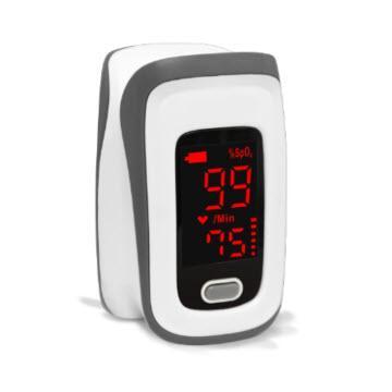 Pulse oximeter with red LED display showing SpO2 and pulse rate readings, white and gray clamshell design