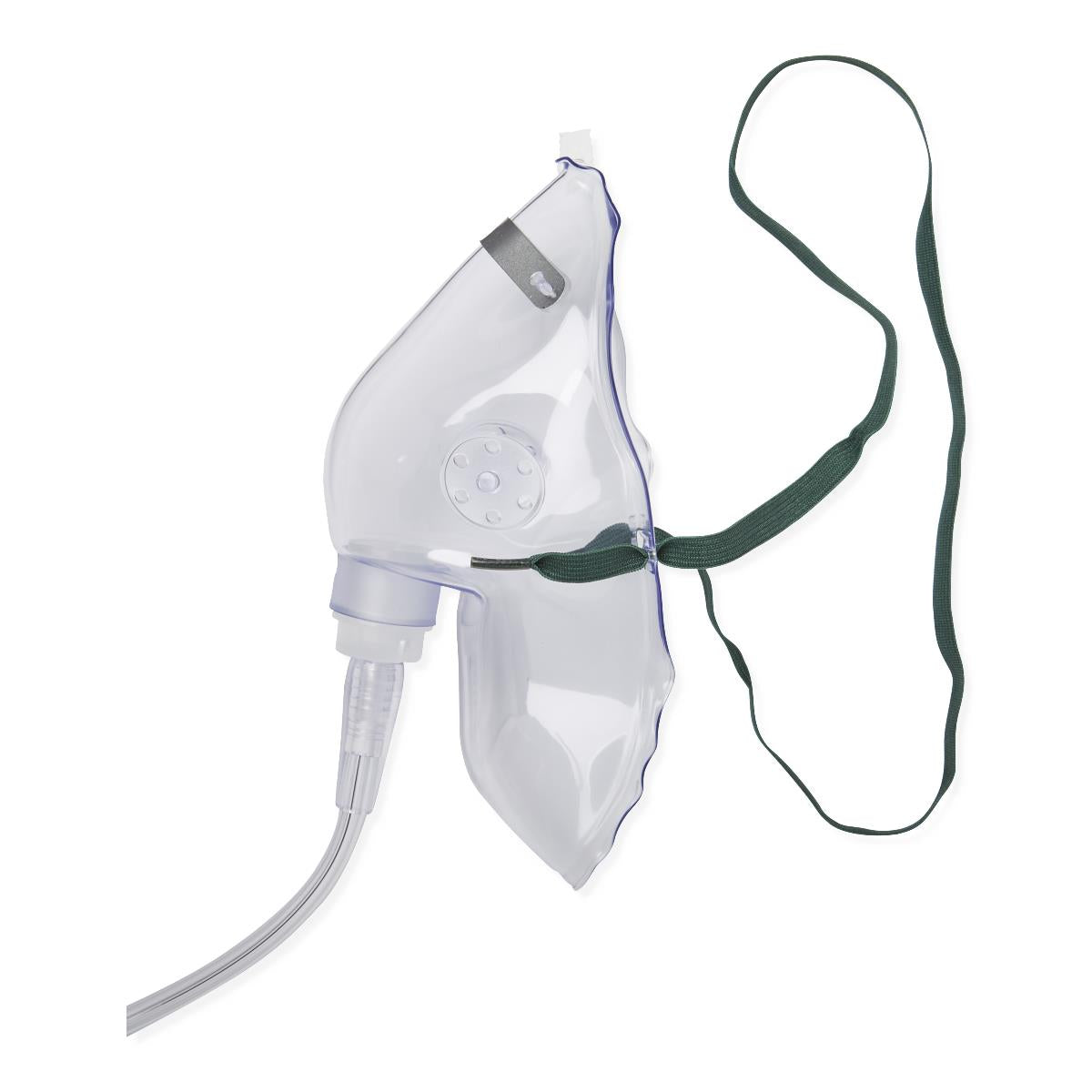 Oxygen mask with clear plastic face cup, vent ports, adjustable nose clip, green elastic strap, and attached oxygen tubing