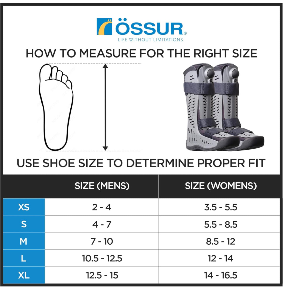 Ossur Rebound Air Walker sizing chart showing foot length measurement diagram and size guide for men's and women's shoe