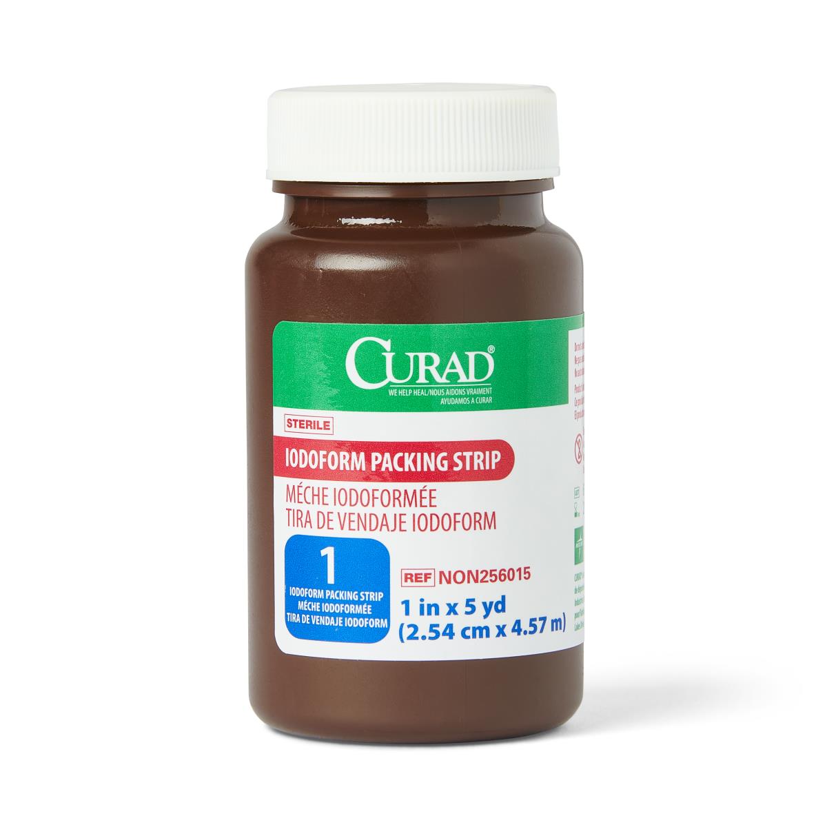 Iodoform packing strip in a brown amber jar with white lid and green and red label, 1 in x 5 yd size