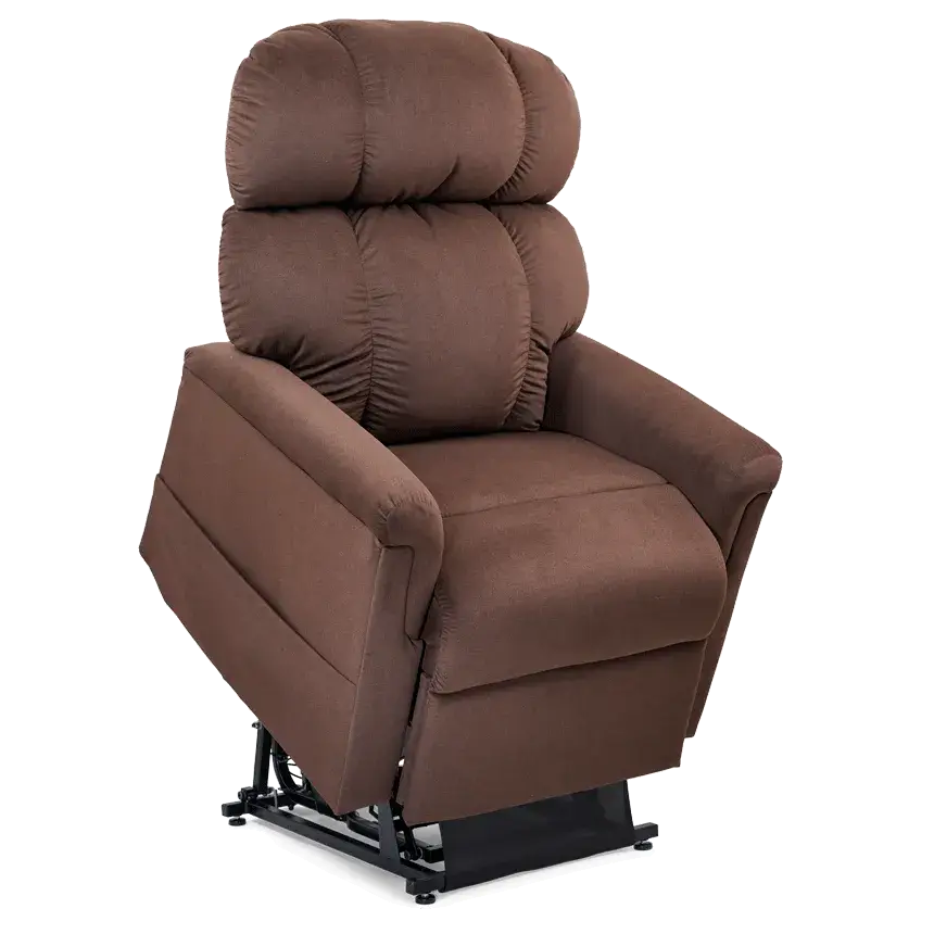Power lift chair in brown fabric with three-section pillow back, wide seat, and visible lift mechanism base